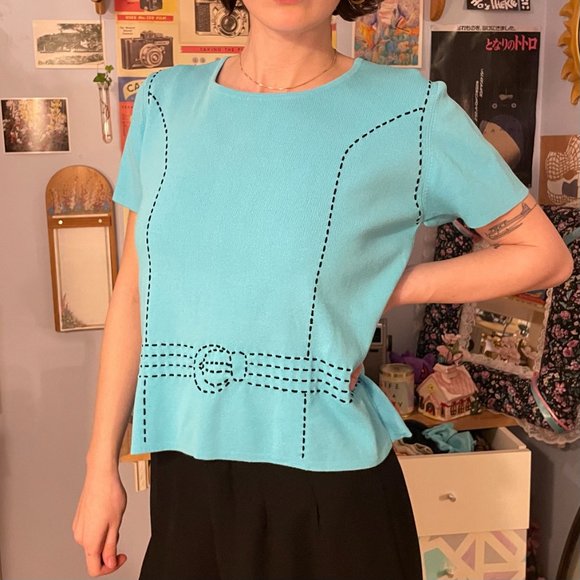 80s Carducci neon blue belt buckle shirt - Picture 8 of 13